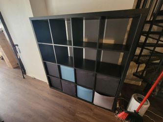 IKEA 4x4 Kallax Cube Shelf Storage with Bins Black/Brown