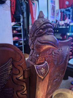 Title:
> Rare 20" Vintage Balinese Garuda Wood Carving Altar Candle Holder - Articulated Wings (21" Wingspan) - Indonesian Folk Art
