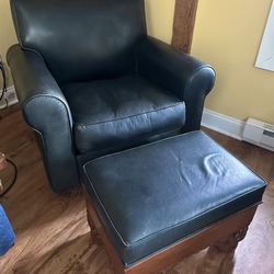 Genuine Leather Rocking Chair With Matching Hand Carved Storage Ottoman
