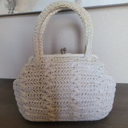 1950s Raffia Handbag Mid Century Mod Retro Ivory Made In Japan Vtg Walborg 