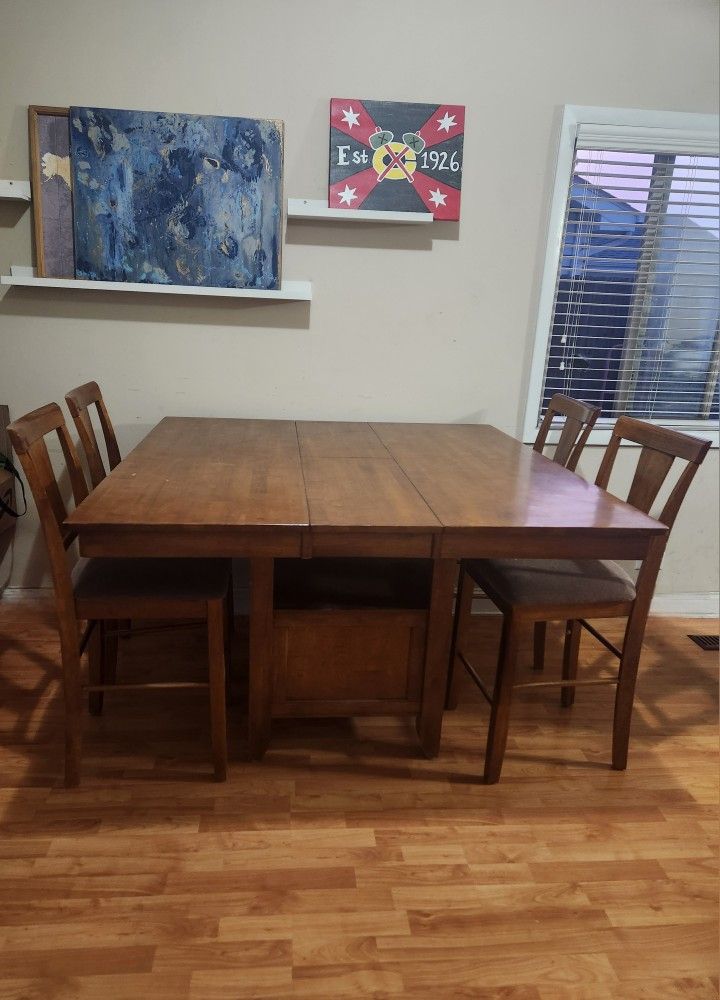 Wood Bar Height Kitchen Table With Butterfly Extender Leaf, 2 Chairs, And Storage!