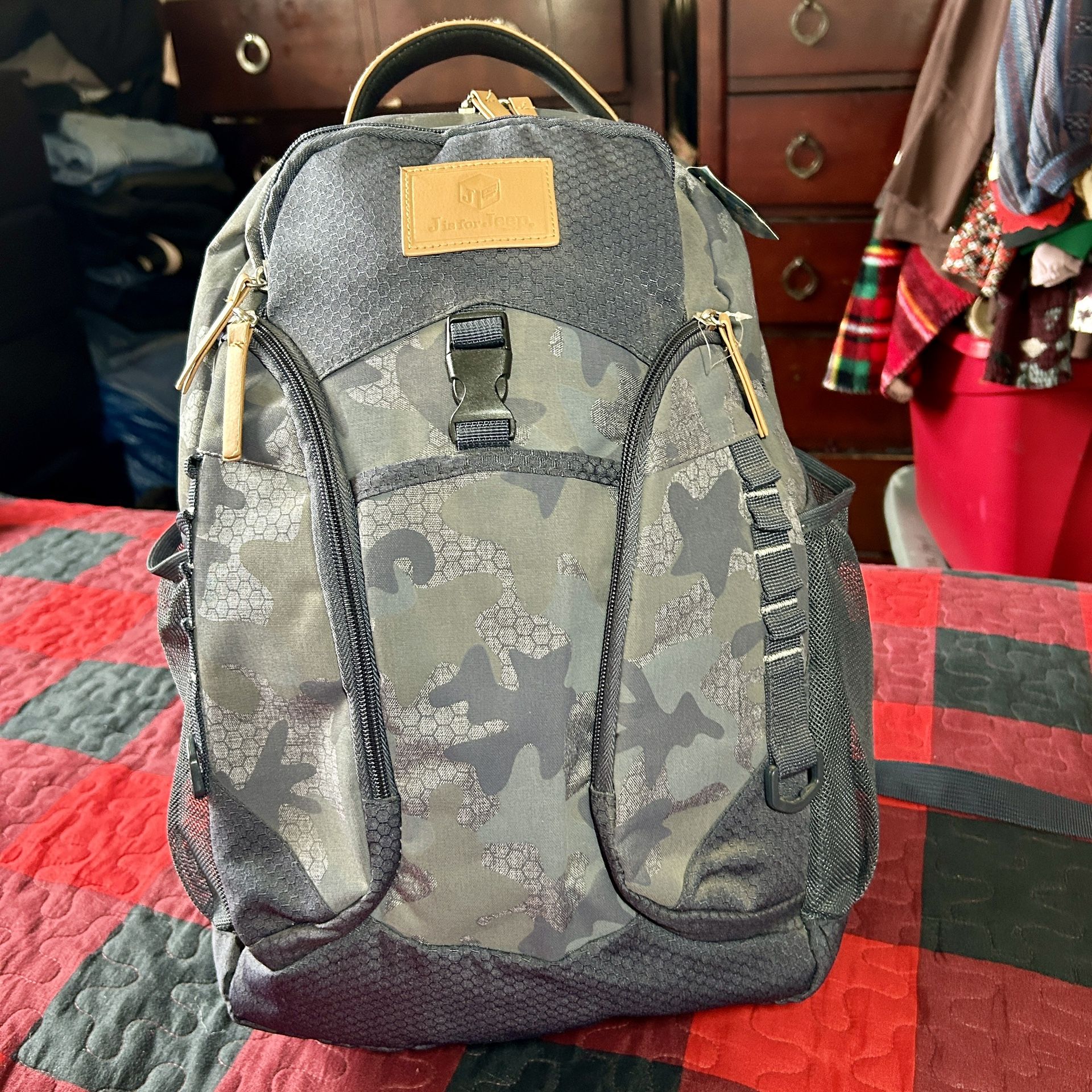 (NEW) ‘J is for Jeep’ Backpack Diaper Bag with Multi-Pockets-(2 insulated) includes a changing pad