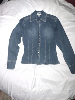 Christopher & Banks Blue Stretch Jean Jacket, Studded Cross Back, S