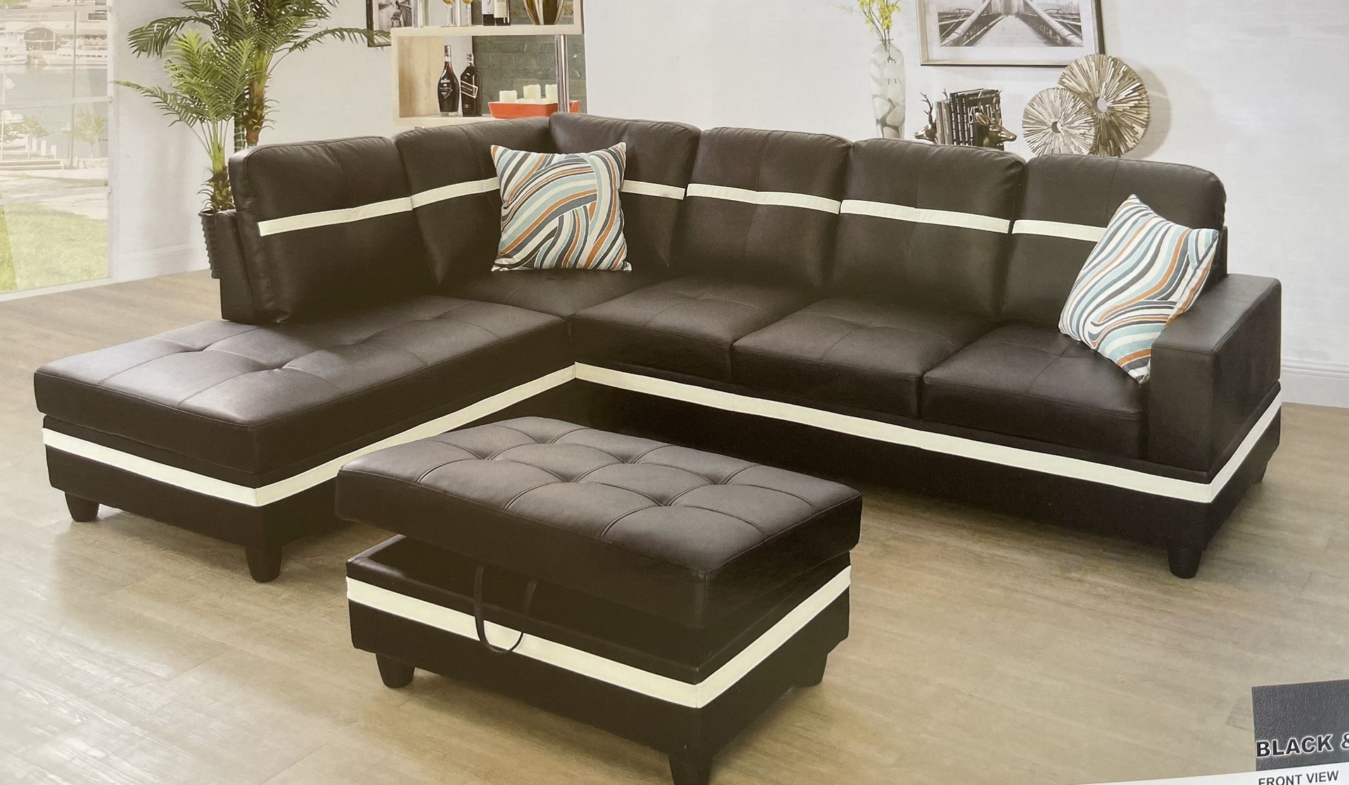 Modern Style Black Leather Sectional Couch And Ottoman