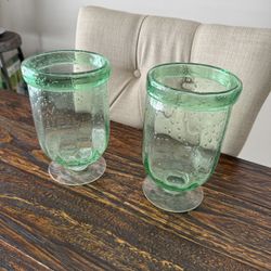 Pair Of Green Seeded Glass Candle Holder