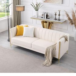 78” FAUX LEATHER 3 SEATER MODERN STYLE SOFA IN CREAM WHITE & GOLD 