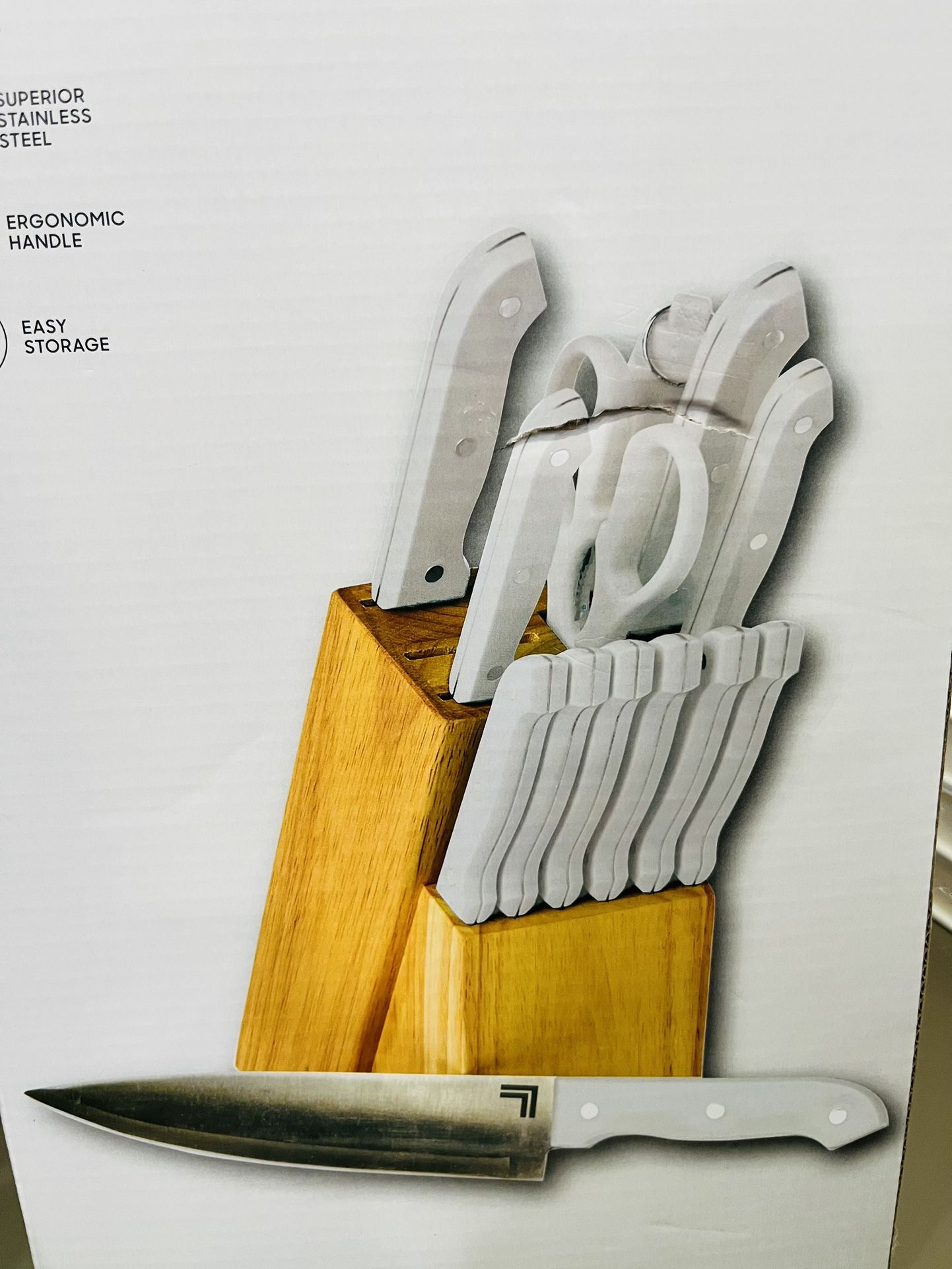 14 PC SHARPER IMAGE KNIFE BLOCK SET WHITE HIGH QUALITY STAINLESS STEEL WOOD
