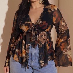 Plus Size Mesh Floral Print Blouse 