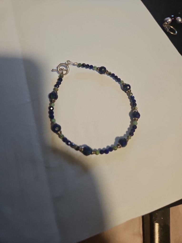 Handmade Sterling Silver 8" Faceted Azurite Blue Lapis Africcan Turquoise Bracelet