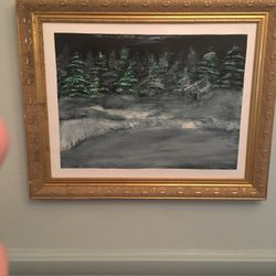 Winter scene original by no copies made gold framed, 26 x 21”