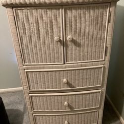 White Wicker Desk With Glass Table Top, Wicker Dresser/ Cabinet, Wicker Nightstand And Bookshelf
