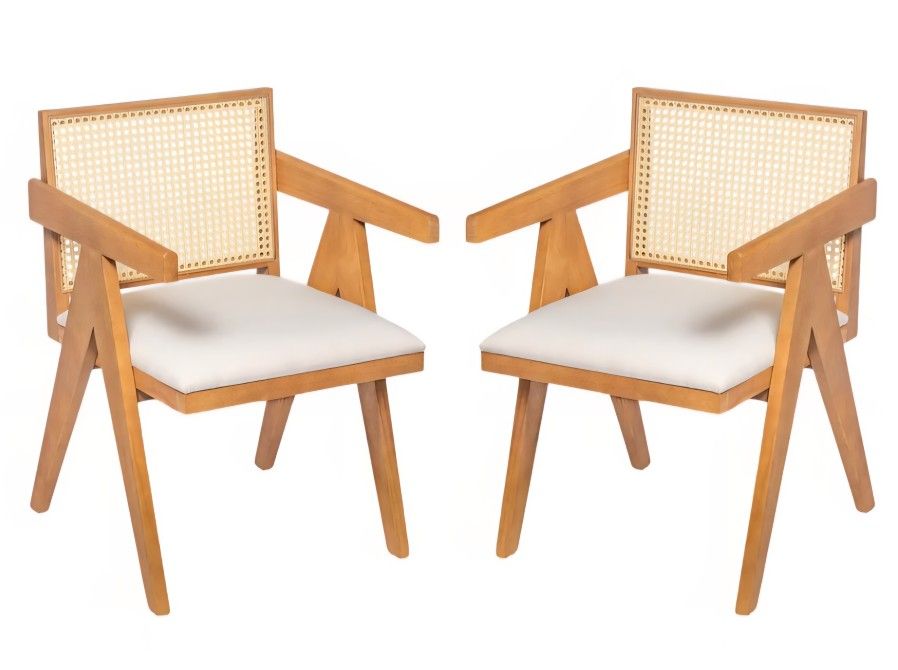 New Wooden Arm RATTAN Dining Chairs, Cane Upholstered Kitchen Chairs With Beige Linen Cushion,Set of 2