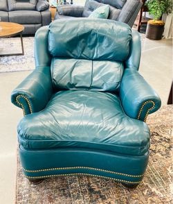 Traditional Overstuffed Teal Leather Arm Chairs w/ Nailheads