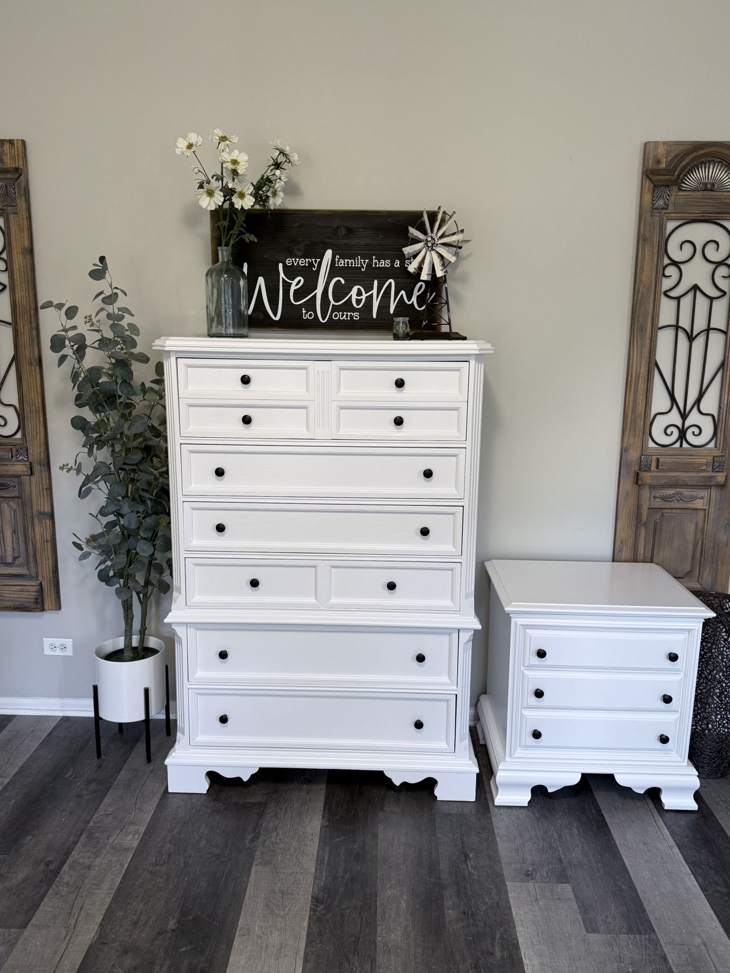 Refinished Solid Wood Swan White Tall Bedroom Dresser W/Nightstand
