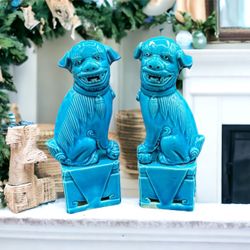 Mini Pair of Vintage Turquoise Glazed Ceramic Foo Dogs - China - Circa 1980's