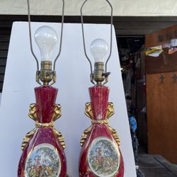 Gorgeous Pair Of Antique Victorian Painted Lamps