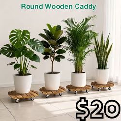 [NEW] 4 PCS Round Wooden Plant Caddy with Wheels 14"