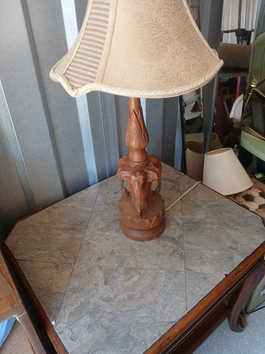Vintage, Hand Carved, Elephant Trio, Table Lamp.