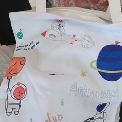white Tote Bag with outer space design