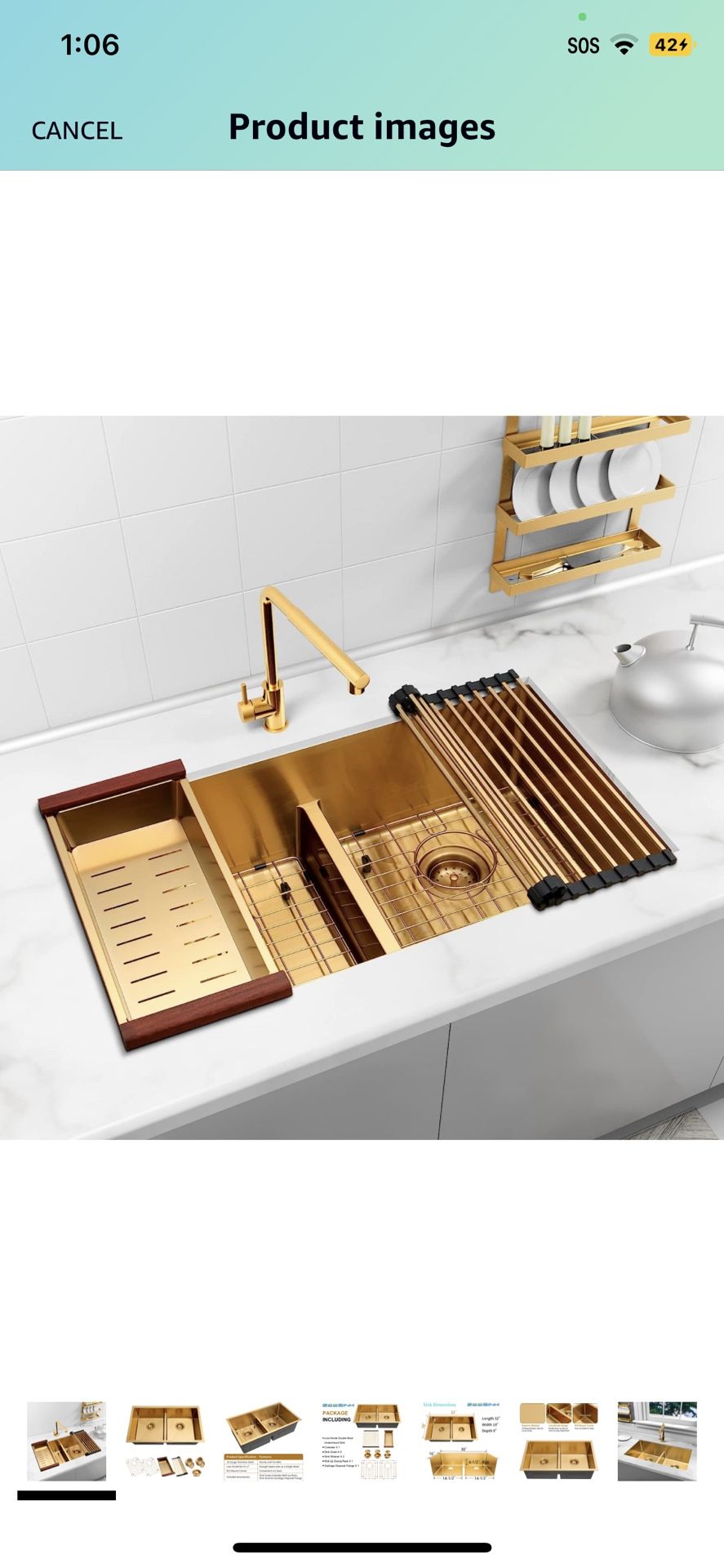 Zeesink 32" X 18" Double Bowl Kitchen Sink,Low-Divide 50/50 Double Sink,Undermount Kitchen Sink Gold,16 Gauge Stainless Steel Kitchen Sink