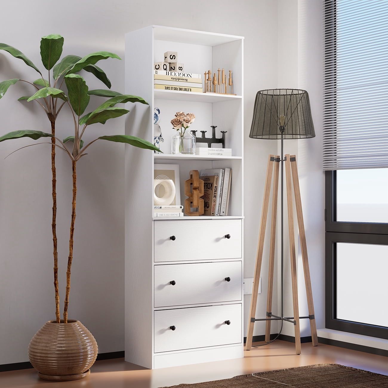 Industrial Bookshelves and Bookcases with 3 Drawers, Versatile Storage Cabinet with Doors for Living Room, Bedroom, Kitchen, White