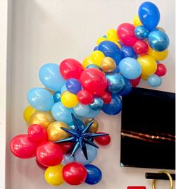FUN multi-color Balloon Garland! Red, blue, yellow, star burst!