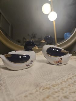 Enescol Ceramic Butterfly & Flower w/Gold Accent Decorated Duck Figurines 