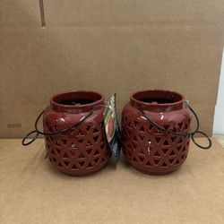 New Pair of 6.5” Ceramic Outdoor Patio Lanterns in Chili Red with Hooks