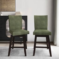 BLACK WOODEN SWIVEL COUNTER CHAIR WITH GREEN LINEN COVER (Set of 2)