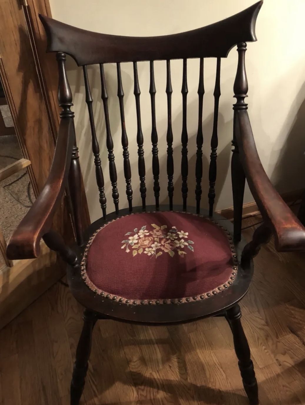RARE Victorian English Windsor Smokers Bow Back Captains Chair W/Tapestry Seat