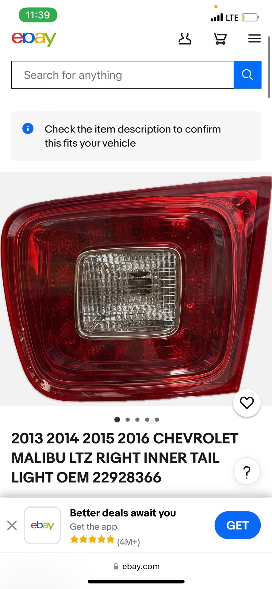 Chevy Malibu Ltz 2013 To 2016 Oem Both Inner Tail Lights