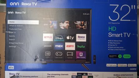 32 inches 6 months used ONN -RokuTV for 60$.  Tv stand is free