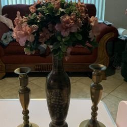 Brass Candlesticks & Vase