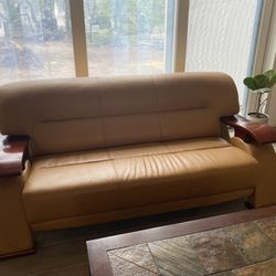 Leather And Cherry Wood Couch And 2 Chairs