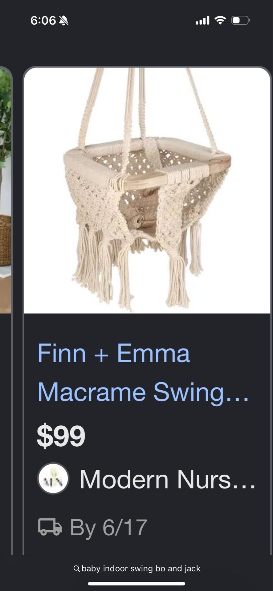 Finn and Emma boho macrame baby swing indoor