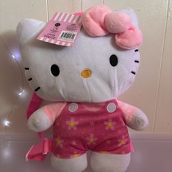 14” Sanrio Hello Kitty Plush Backpack With Pink Bow And Flower Overalls
