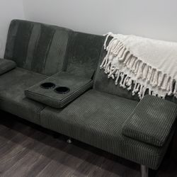 Shahoo Modern Upholstered Convertible Folding Futon Sofa Bed with Removable Armrests, Metal Legs, 2 Cup Holders for Living Room, Green