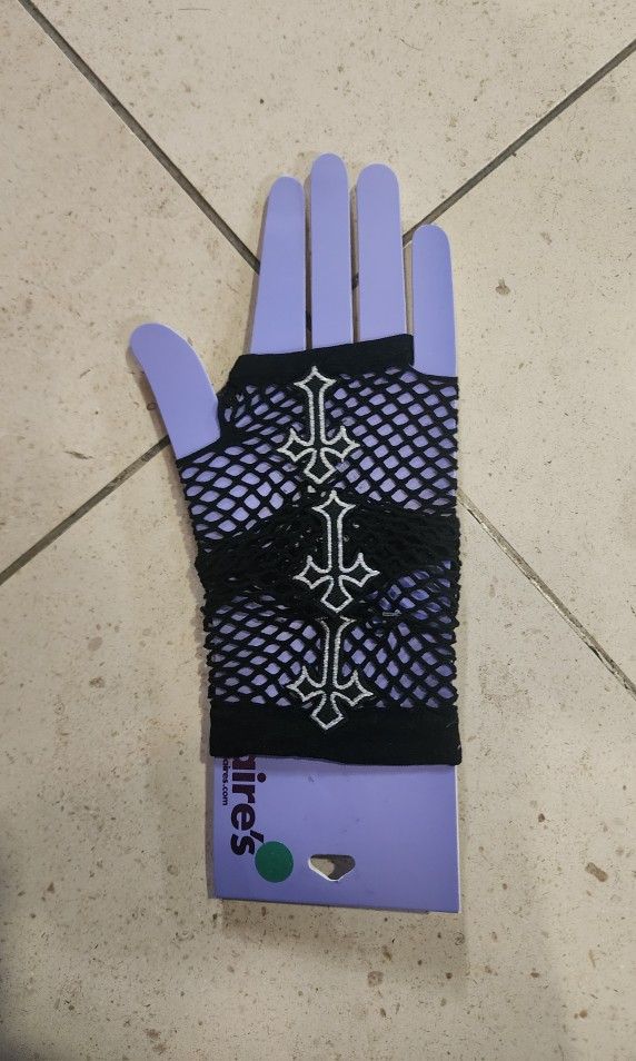 Black Fishnet Fingerless Gloves With Cross 1 Pair Claires
