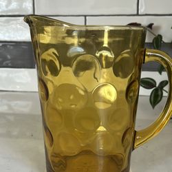 Vintage Amber Glass Pitcher — Thumbprint Pattern, Mid-Century Modern