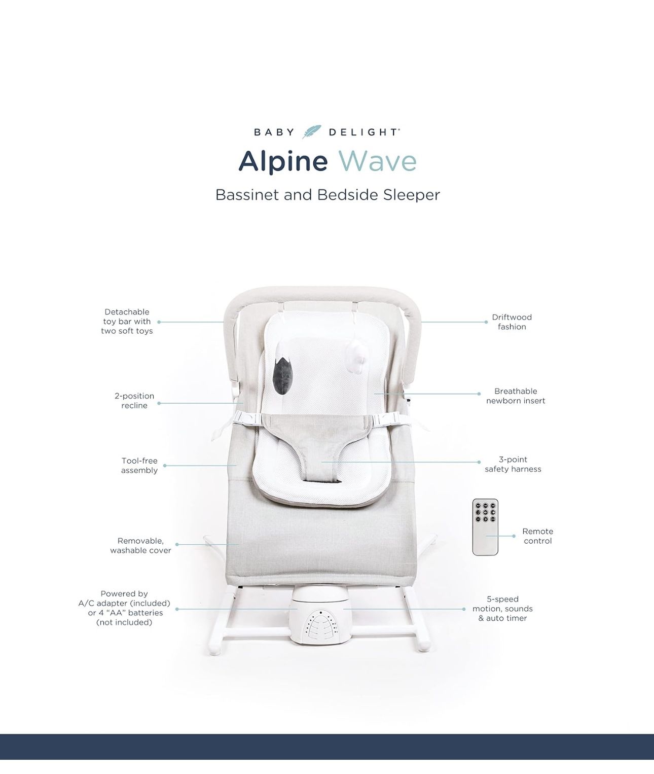 Baby Delight Alpine Wave Deluxe Electric Portable Bouncer Swing Bassinet | Automated Motion Baby Chair Infant Bassinet, 5 Speed, Driftwood Grey