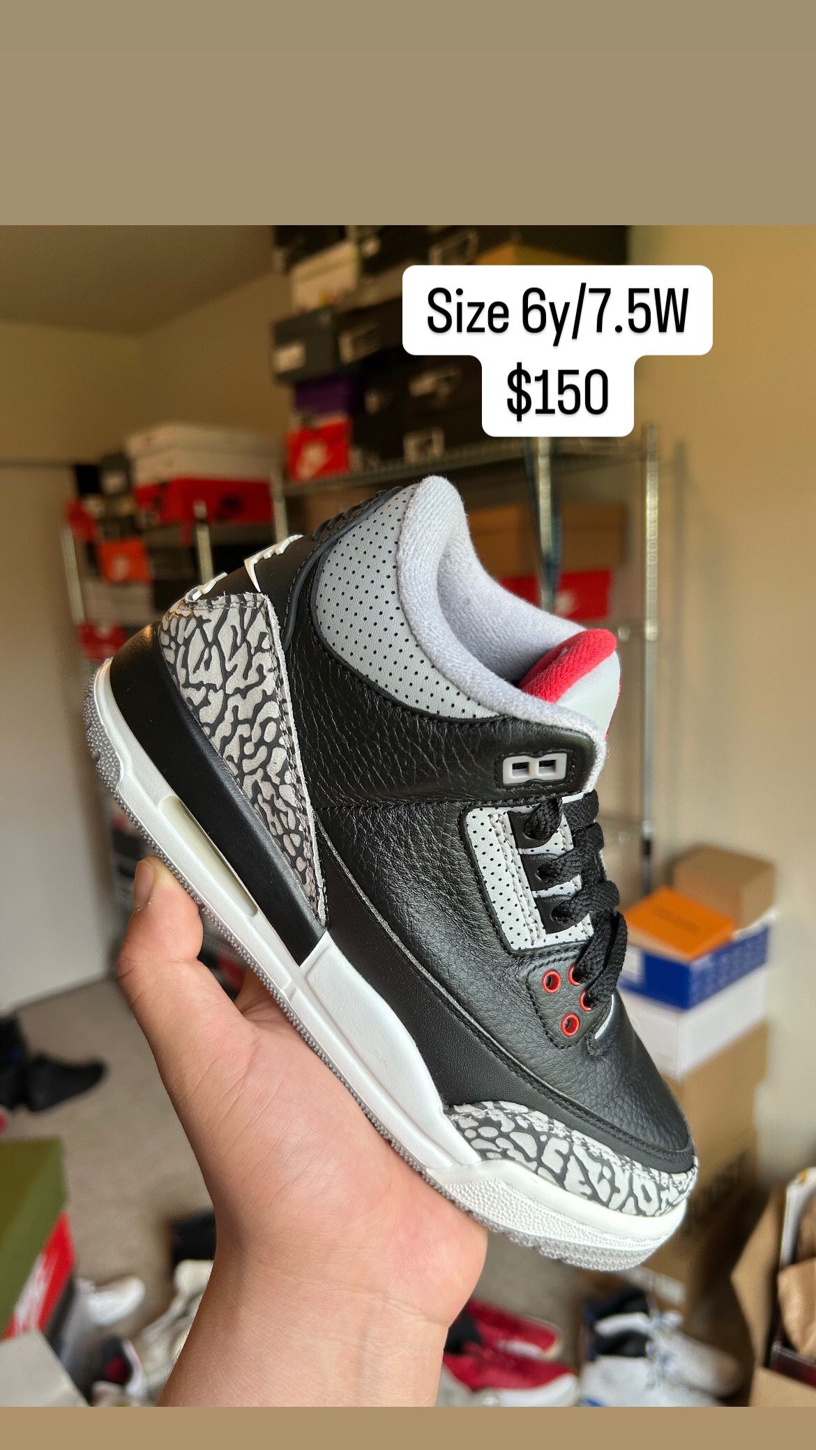 Jordan 3 Black Cement Size 6y/7.5W