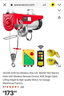 VEVOR 2200 lbs Wireless Attic Lift, 1600W 110V Electric Hoist with Wireless Remote Control, 40ft Single Cable Lifting Height & High-quality Motor, for