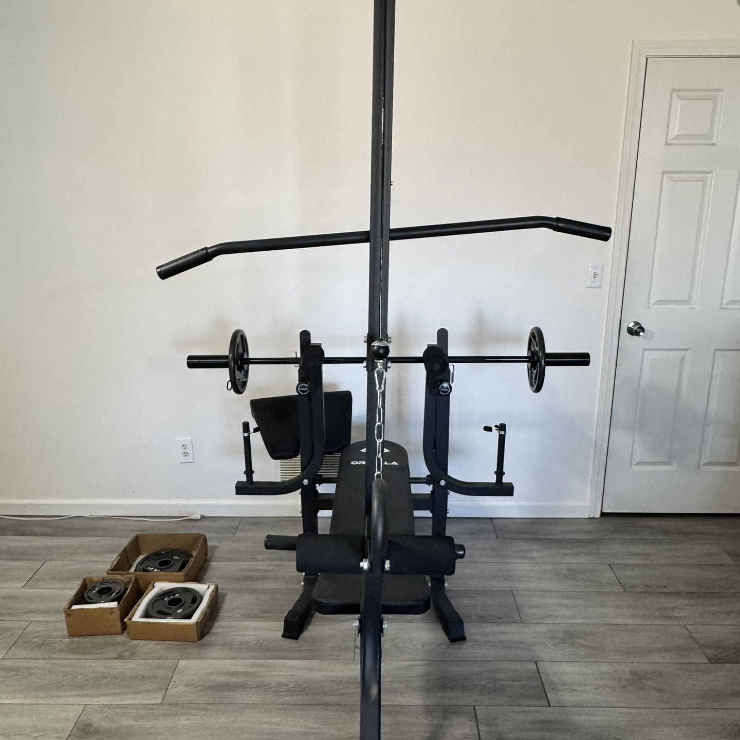 OREALLA 8-in-1 Adjustable Weight Bench 57”Olympic Barbell, 75lbs of 2 ...