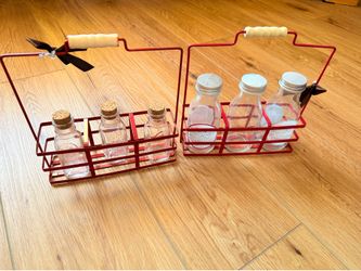 Christmas in July! Red wire bottle holders with glass bottles