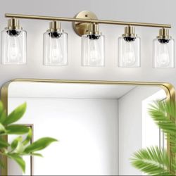 Vanity 5-Light Bathroom Lights, E26 Modern Brushed Gold Bathroom Light Fixtures with Clear Glass Shade, Mirror Kitchen Hallway  Retails $109.99