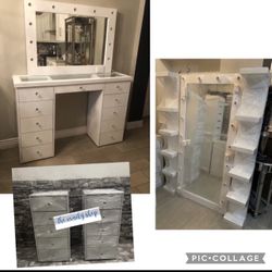 Vanity Set With Full Body Mirror,2 Shelfs And 2 Nightstands 