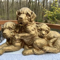 Three Gold Puppies Cuddled Together Ceramic Dog Sculpture