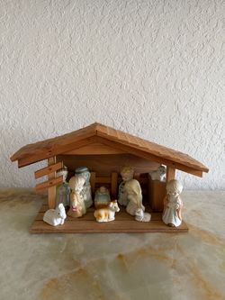 Ceramic Nativity Set with Wooden Stable