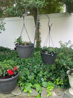 SHEPHERD HOOK (double) with 2 Large PLANTERS with Flowers / Soil