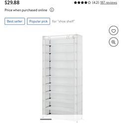 Mainstays 10 Shelf Organizer Shoe Rack with Cover White for Sale
